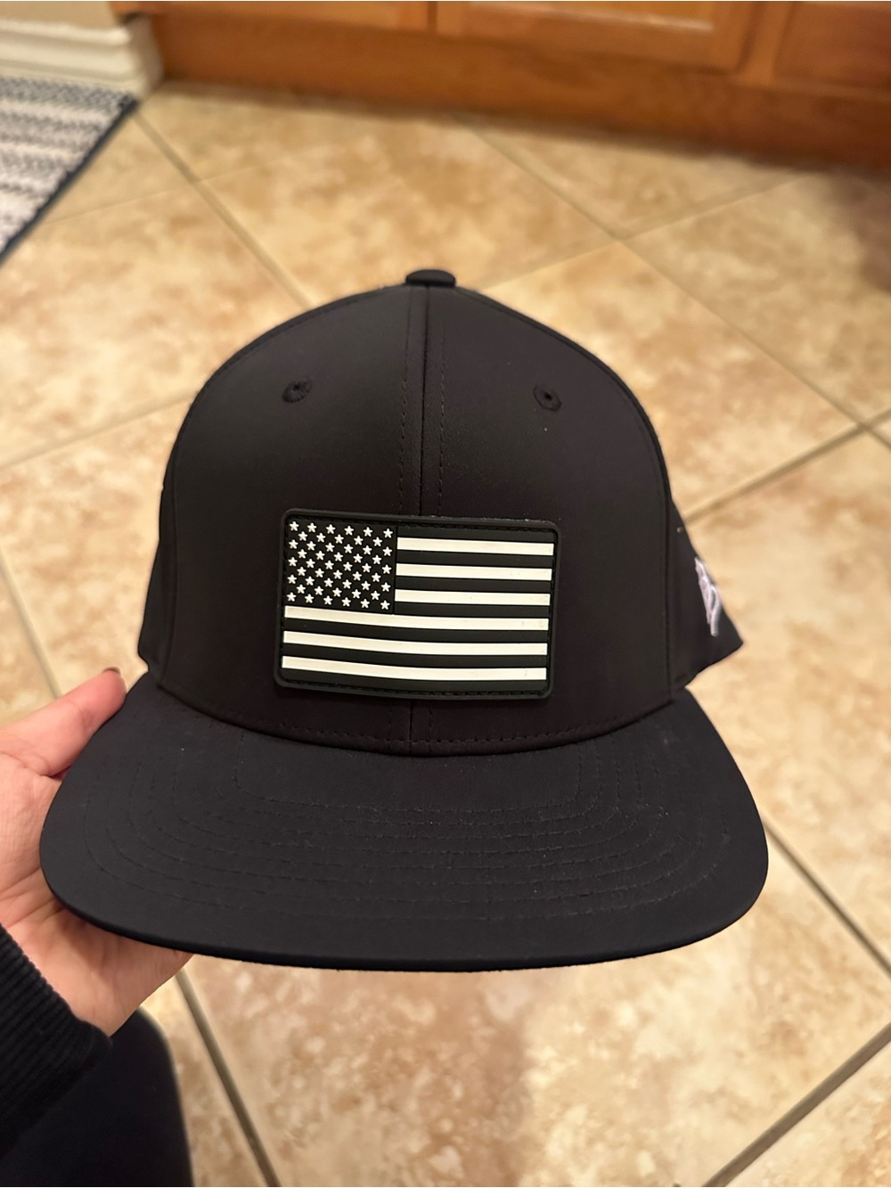 Black Snapback Hat with Monochrome American Flag Patch
